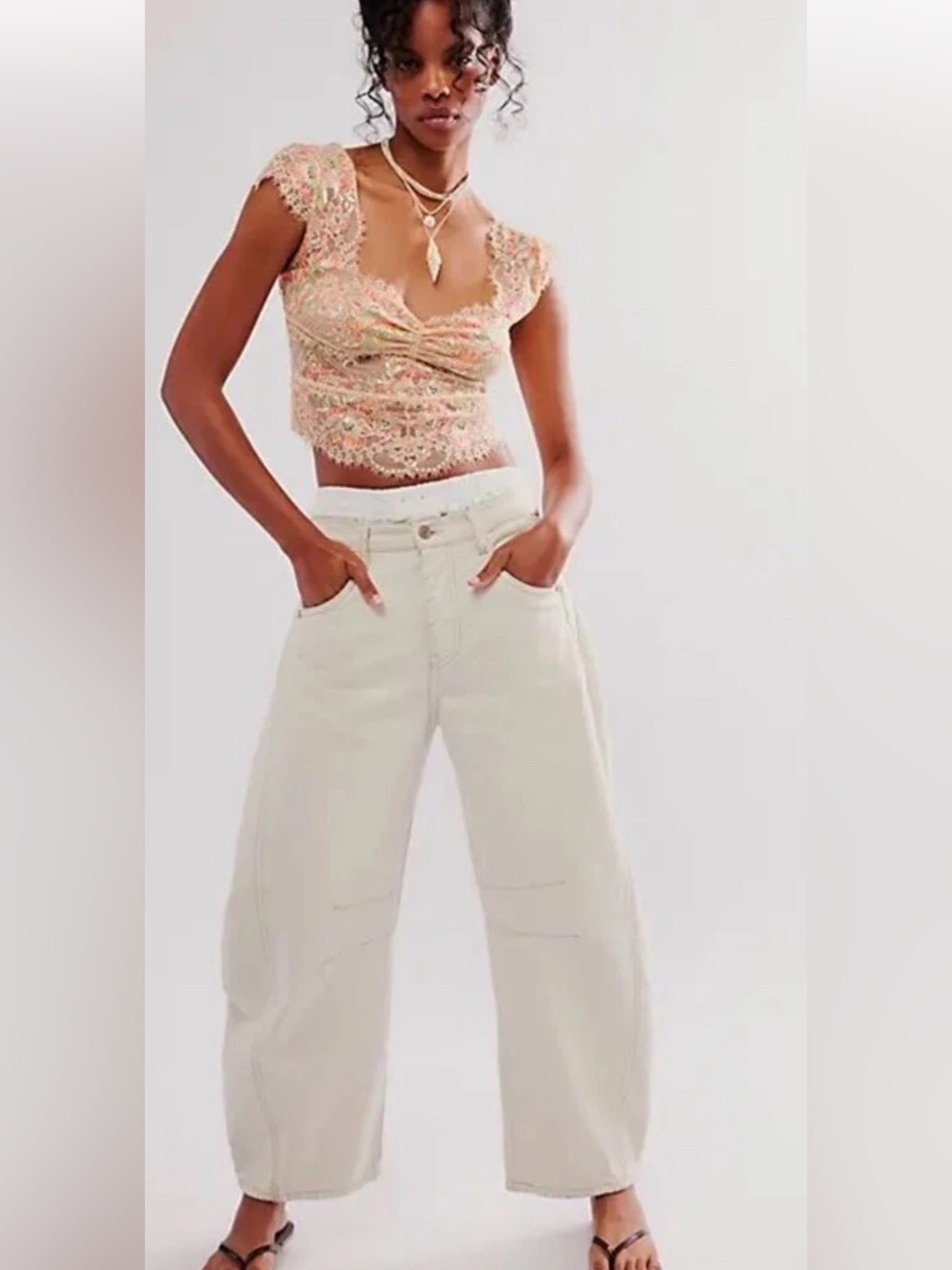 Free People Intimately Garden Party Sheer Lace Tee Cap Sleeve Peach Small - Picture 2 of 16